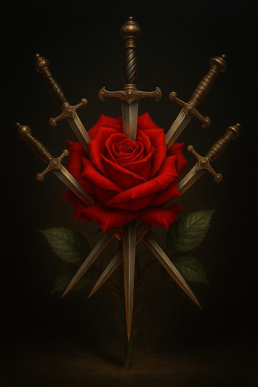 Una rosa roja atravesada por cinco puñales